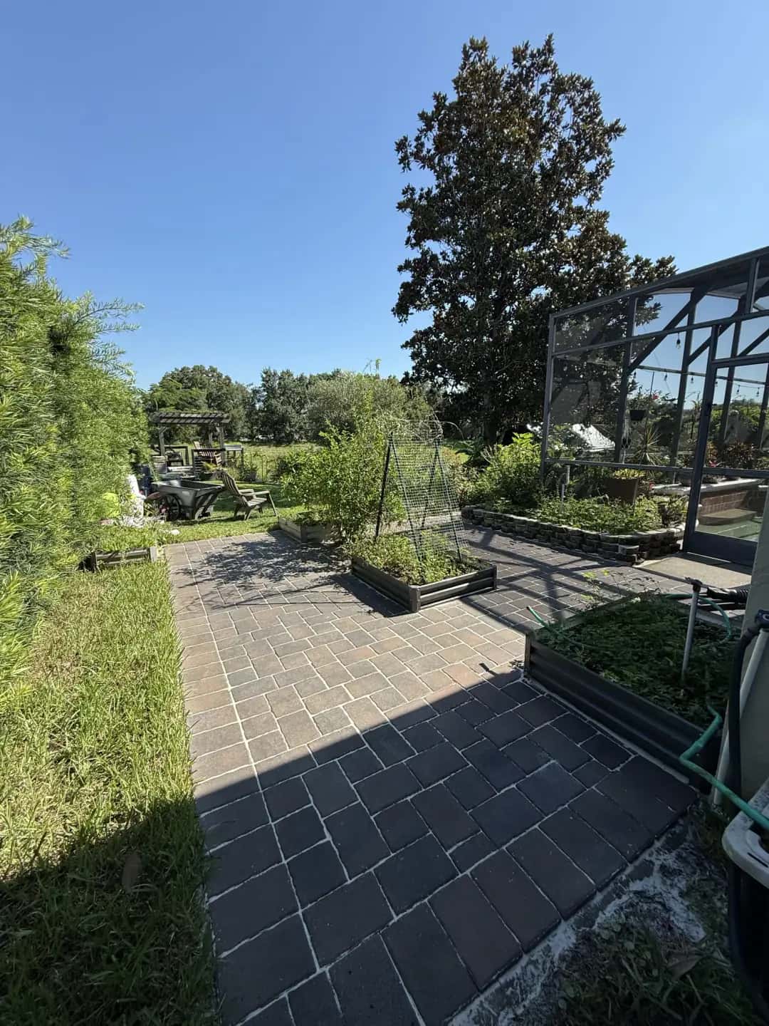 Backyard Paver Patio with Garden Beds